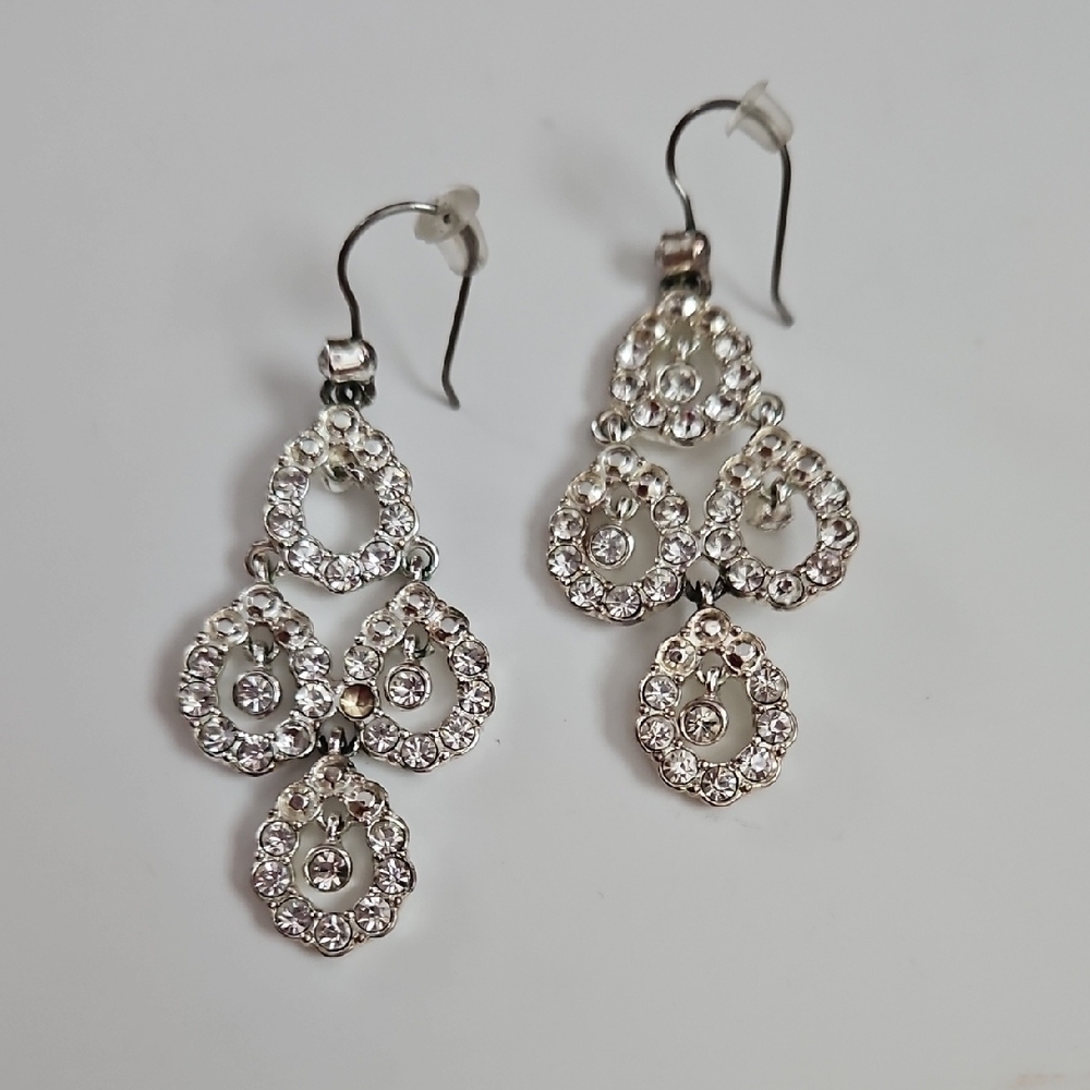 Rhinestone and Silver Tone Drop Earrings